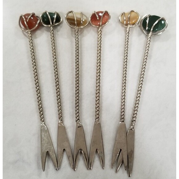 Gemstone polished stoned silver (sterling?plated?)cocktail pick 6 count - Picture 2 of 12